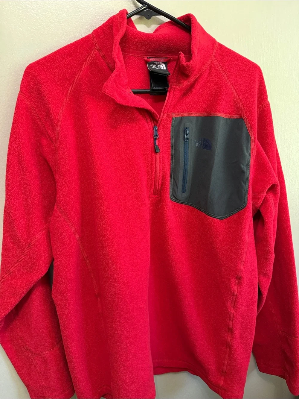 The North Face Men’s Red Lightweight Fleece Pullover with Black Chest Pocket